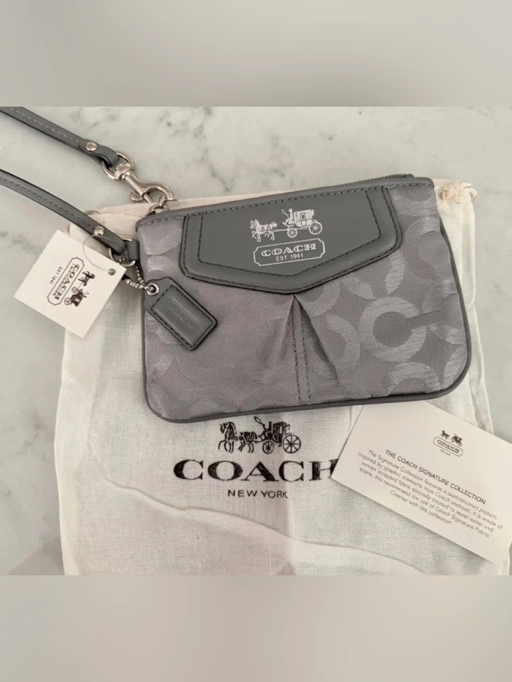 Coach Gray Signature Wristlet with Leather Trim new with tags and dustbag